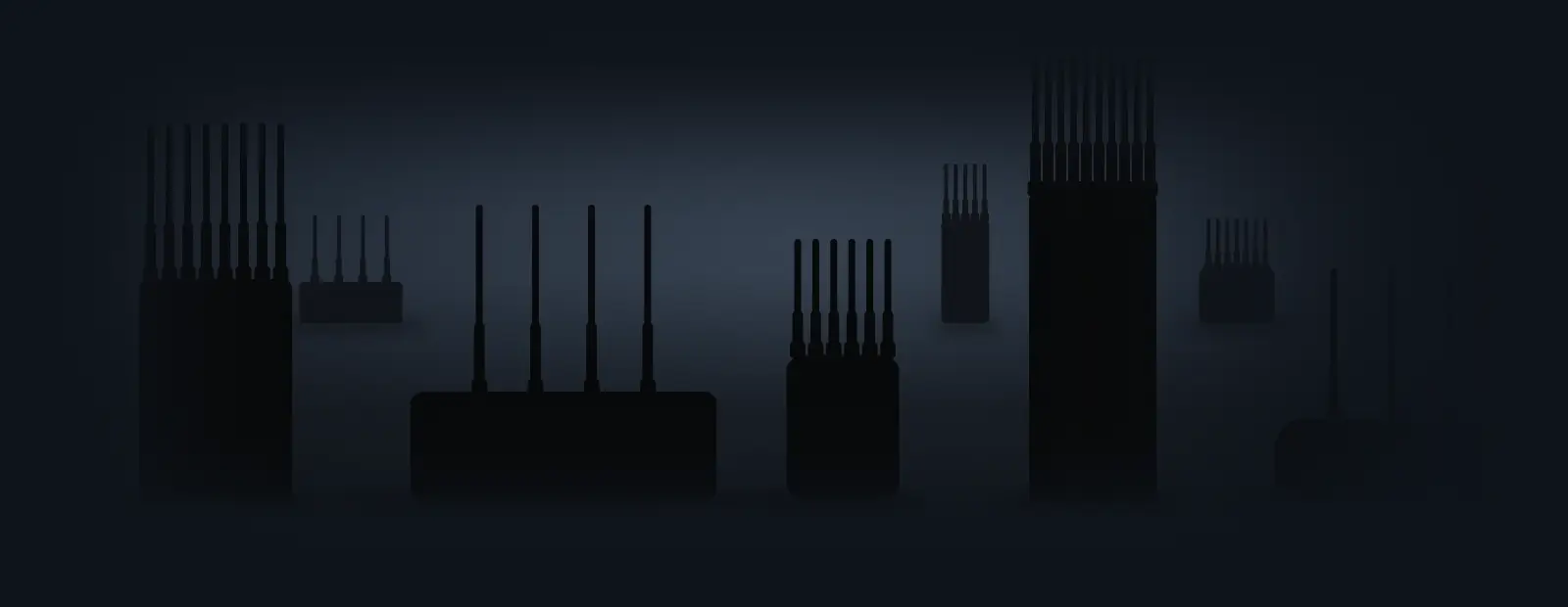 Black silhouettes of several devices with antennas, each one a different shape