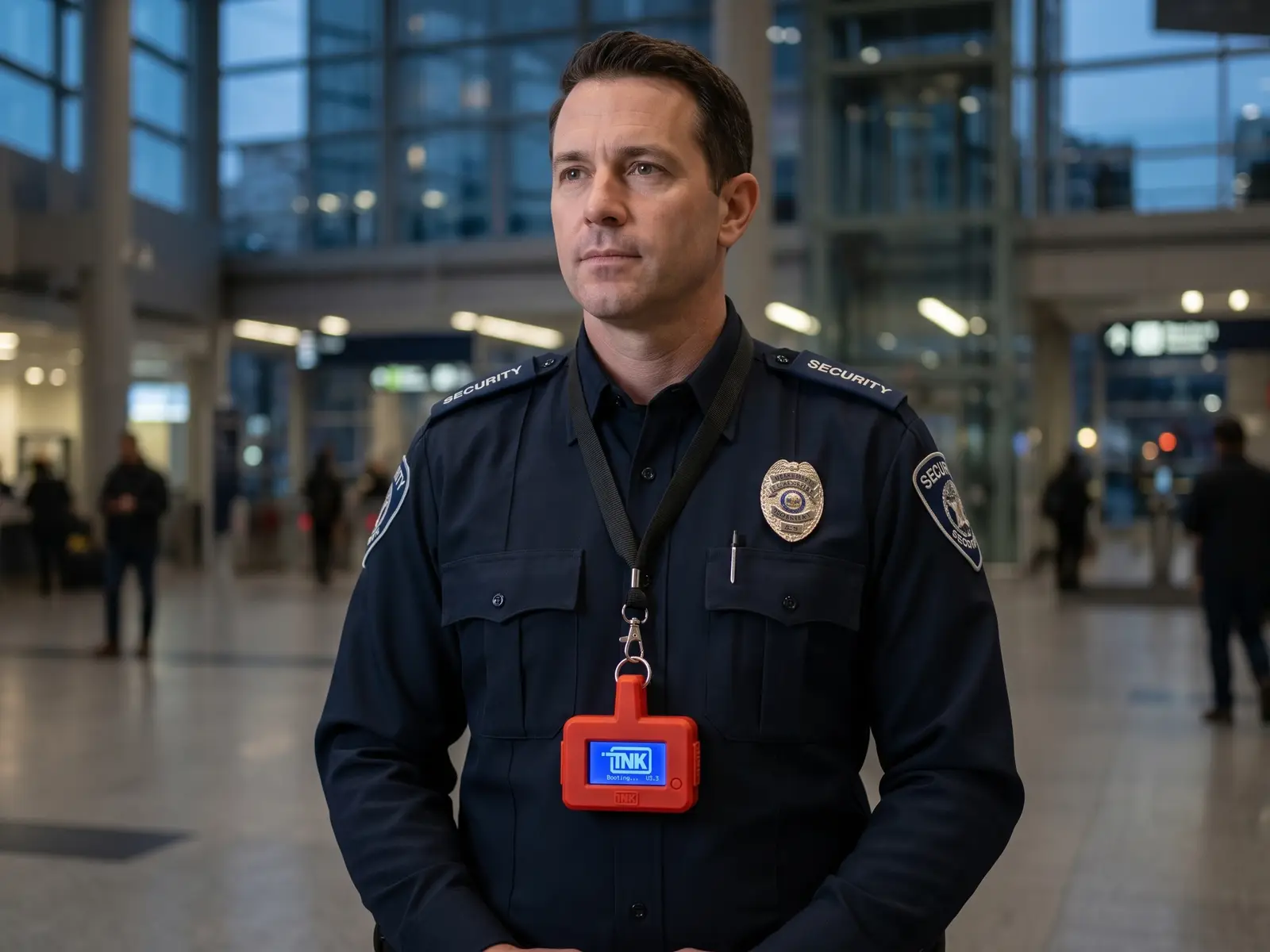 Security guard with CarDefense Mobile hanging from the neck, in a building lobby