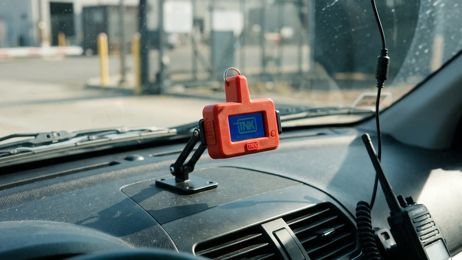 CarDefense Mobile on a mount on a vehicle dashboard, next to the radio