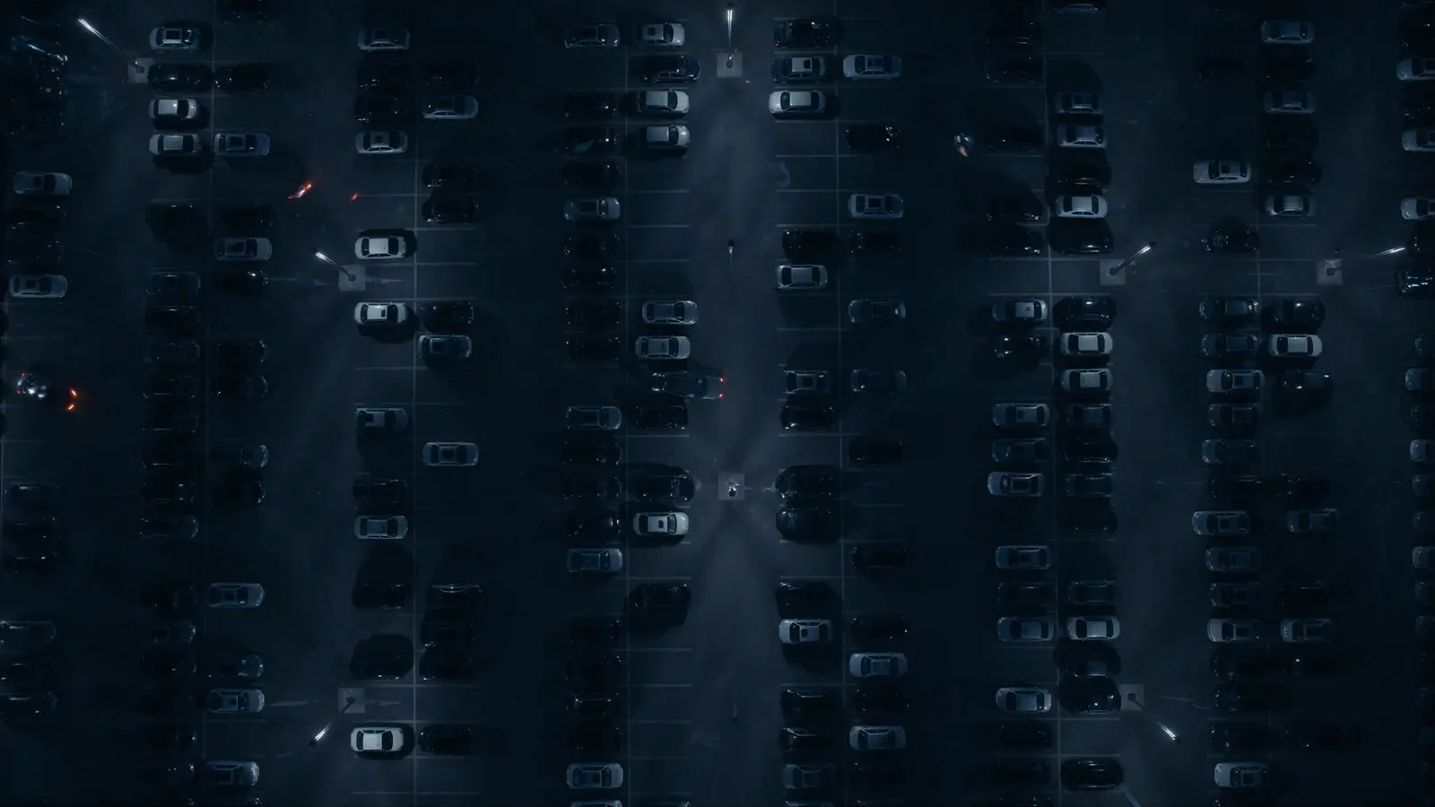 Overhead view of a parking lot at night