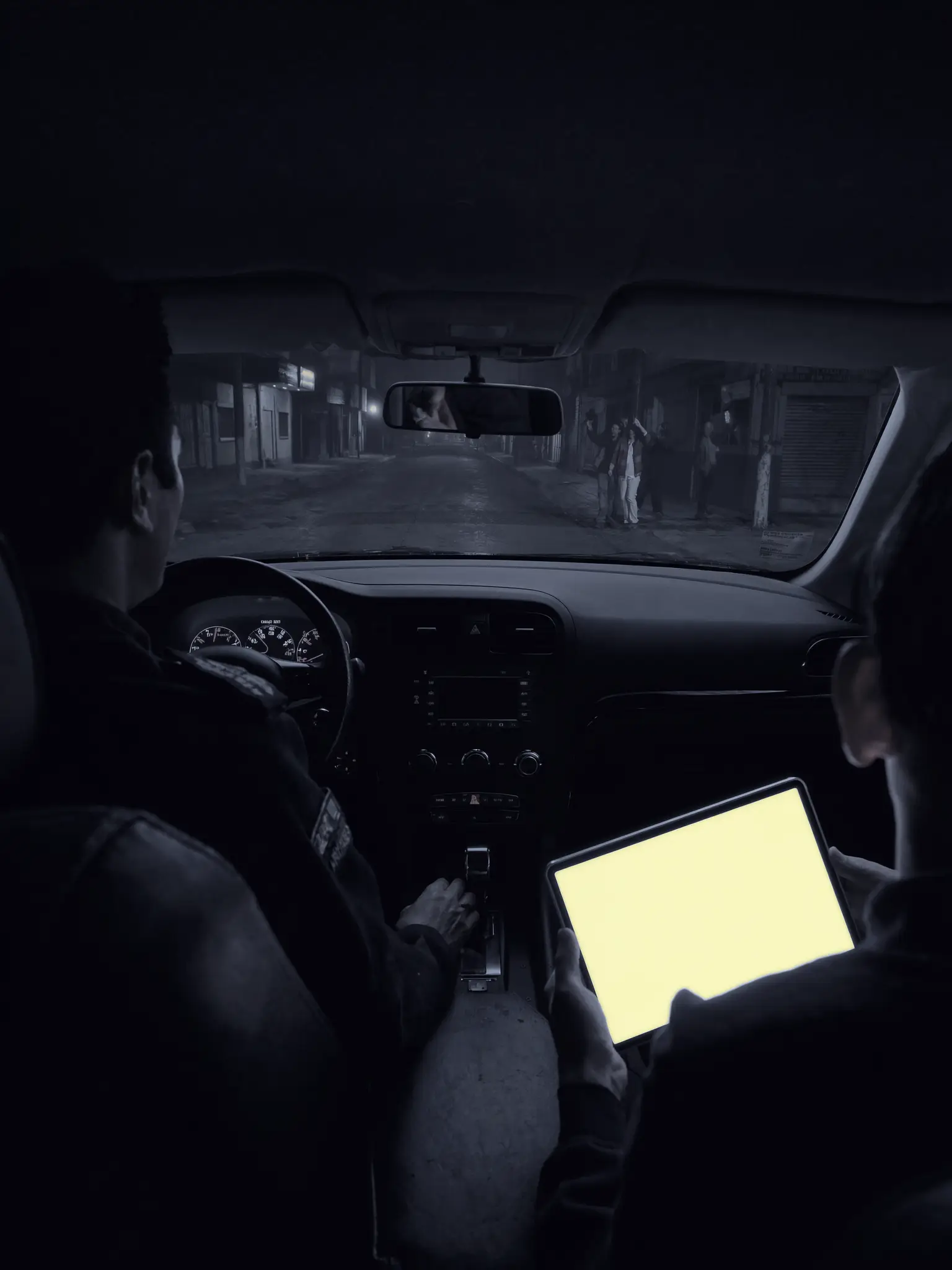 From the back seat of a patrol car, the front passenger checks a tablet that is on; outside, people hold up their phones looking for a signal