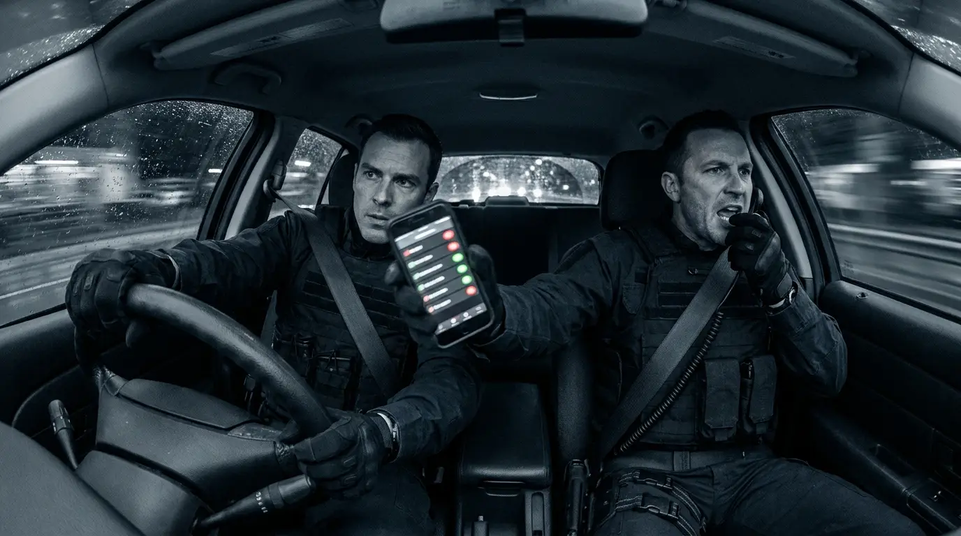 Two officers in a vehicle at night, in the rain